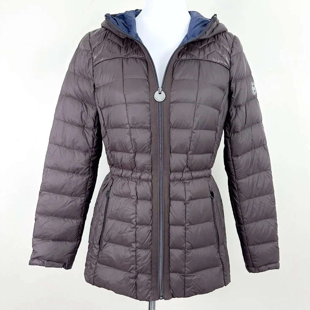 MICHAEL Michael Kors Packable Down Fill Coat Medium Brown Hooded Puffer - Picture 3 of 11